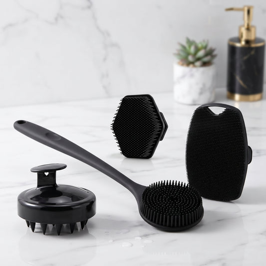 4-Piece Shower Brush Set – Long Handle Body, Back, Face & Scalp Brush with Soft Bristles